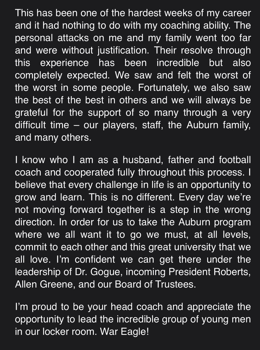 Statement from <a href="/CoachHarsin/">Bryan Harsin</a> :