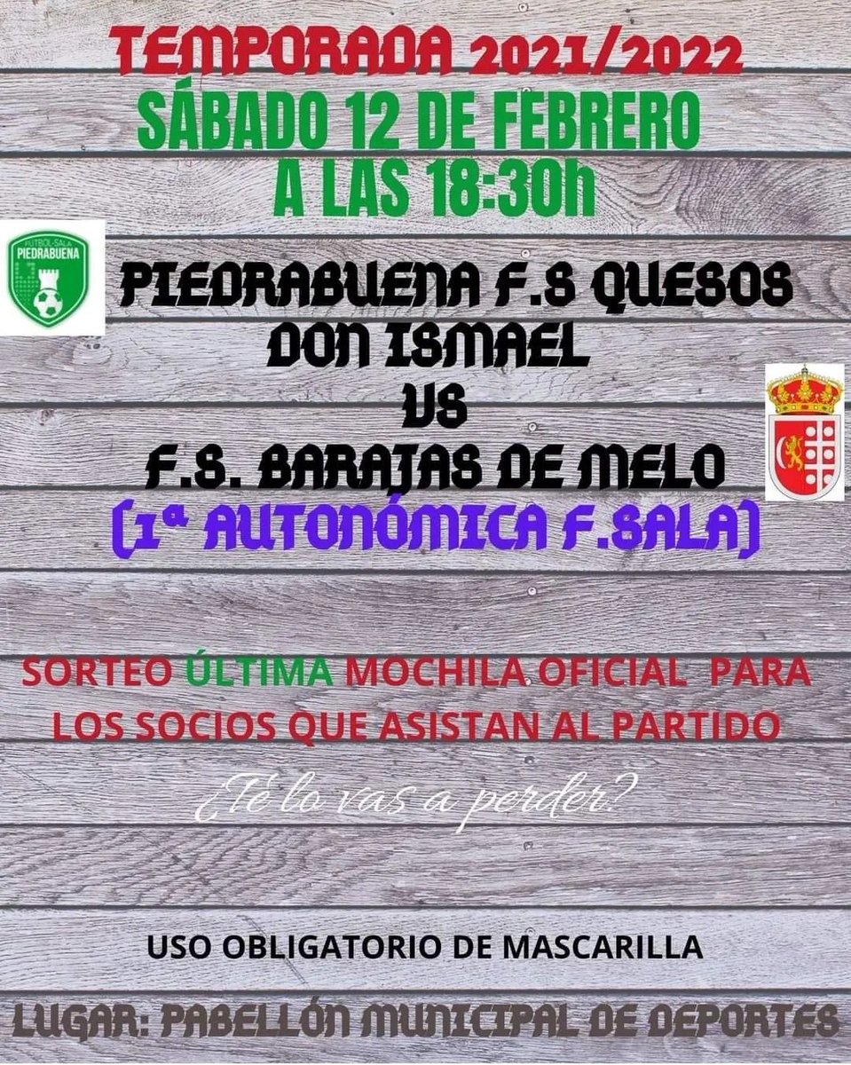 En busca de 3️⃣➕
📆 Sábado 12 Febrero
⏰ 18:30
🆚 F.S. Barajas de Melo
📍 Pabellón de Piedrabuena