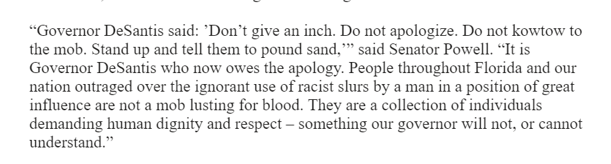 Mdixon55's tweet photo. Florida Democratic Sen. @BobbyPowellJr issues statement asking @GovRonDeSantis to apologize after he said @joerogan should not apologize for using a racial slur https://t.co/b7CADtUExt