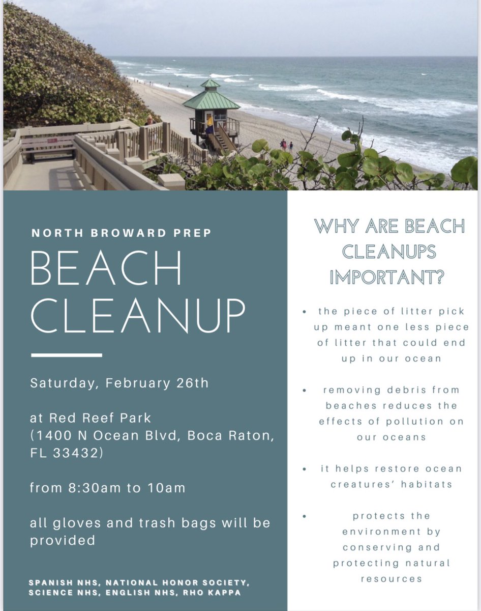 UNGoals_Climate's tweet photo. On Saturday, February 26th, NBP will be hosting a #beachcleanup at Red Reef beach in Boca Raton! Come out and support :) 
Get Credit for:
SciNHS, NHS, SNHS, NEHS and Rho Kappa!

See below for details 👇 https://t.co/3wZcmMGbZN