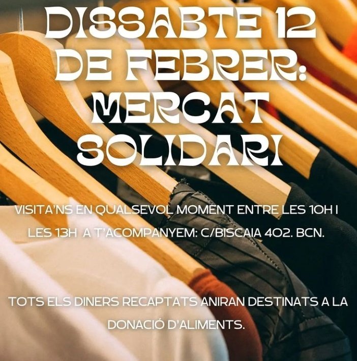 Mañana sábado 12/02 MERCADILLO SOLIDARIO con el objetivo de recaudar fondos para ayudar a usuarios de diferentes asociaciones de personas desempleadas. Ropa, electrodomésticos, juguetes, menaje, bisutería... Compra buenos productos y colabora! Calle Biscaia 402 de 10h a 13h