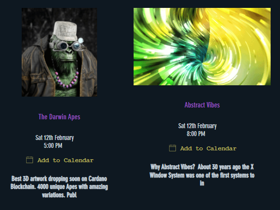 #NFTs minting on #Cardano 
Saturday, February 12th
*times in UTC

@cardanopass <a href="/ADAlanticNFT/">ADAlantic 🌊✨| S2 Seals Drop is LIVE!</a> @WonderWhaleNFT <a href="/GentleMonkez/">Gentle Monkez | CNFT | MINTING IS LIVE!!!</a> <a href="/The_Mallow_Col/">The Marshmallow Collective | LIVE MINT</a> <a href="/CardaCat/">CardaCats</a> <a href="/TheDarwinApes/">The Darwin Apes</a> @Abstract_Cnft

wencnft.com
#CNFT $ADA