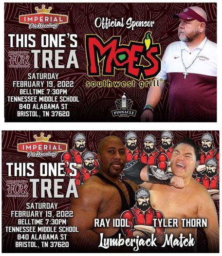 BTCS_TMS's tweet photo. You're invited! Join Mr. Ray ("Ray Idol") and Tyler Thorn for The Lumberjack Match at TMS, February 19th at 7:30 p.m. We hope to see you there as we celebrate one of our own, Mr. Trea Leonard. @BTCS_District https://t.co/947xNKUeYG
