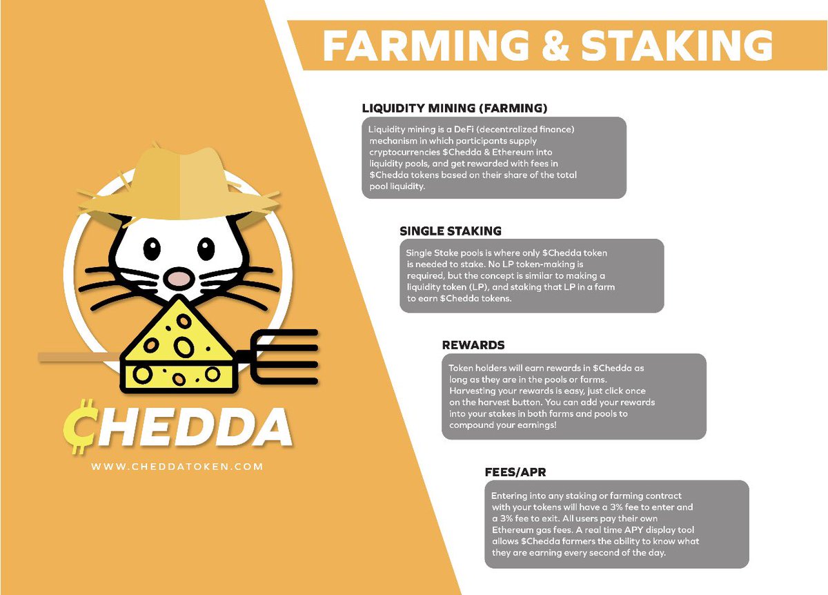 CheddaToken's tweet photo. Here’s a tad more features on Farming &amp; Staking for y’all 😎 

Get ready! Tonight @ 9PM EST 
-Liquidity
-Single staking
-Rewards
-Fees / APR https://t.co/wxMc9SW9UK