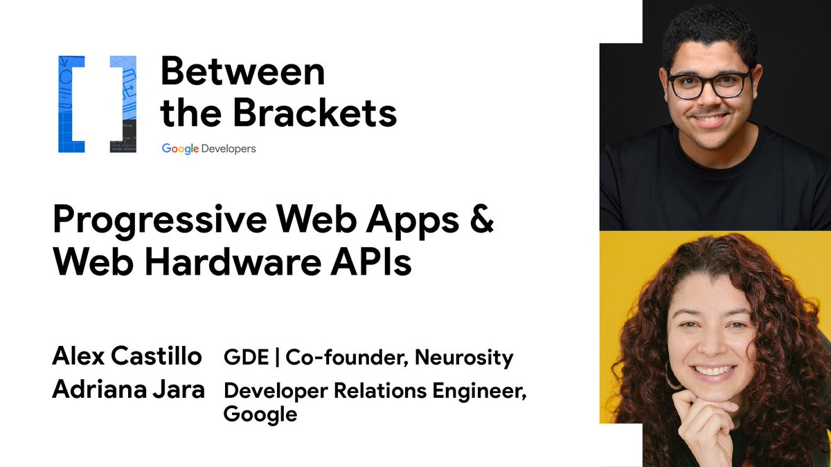 GoogleDevsNA's tweet photo. In this month's [between] episode @castillo__io  &amp; @tropicadri will talk about Progress Web Apps (PWA) &amp; Hardware APIs for the Web. Come learn about how the physical world can interact with the world wide web.
RSVP >> https://t.co/PdyRHVZhKP

#pwa #google #webdeveloper #iot #api https://t.co/Cs2CxHcRkc