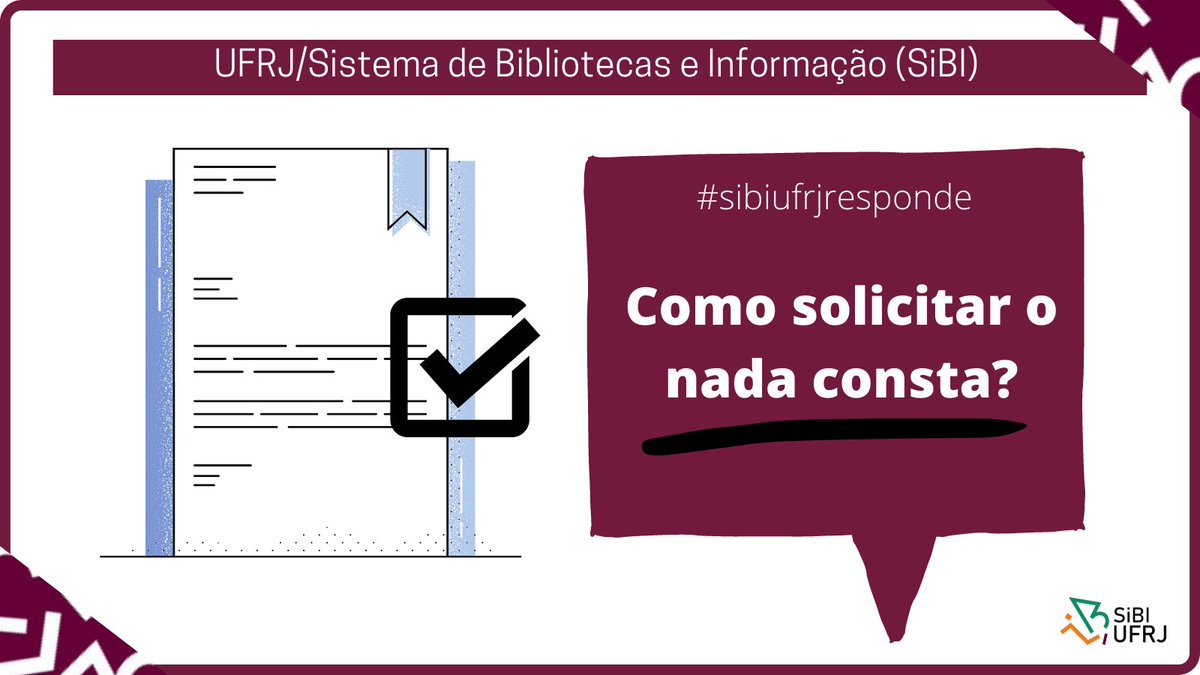 SIBI_UFRJ's tweet photo. Para solicitar o #NadaConsta o usuário deverá enviar e-mail de preferência à biblioteca que atende o seu curso com as seguintes informações:
1) “NADA CONSTA” no campo de assunto do e-mail.
2) NOME COMPLETO, DRE e CPF, na mensagem.
https://t.co/1mCBPCzZAk
#bibliotecasufrj https://t.co/d6803cdTGe