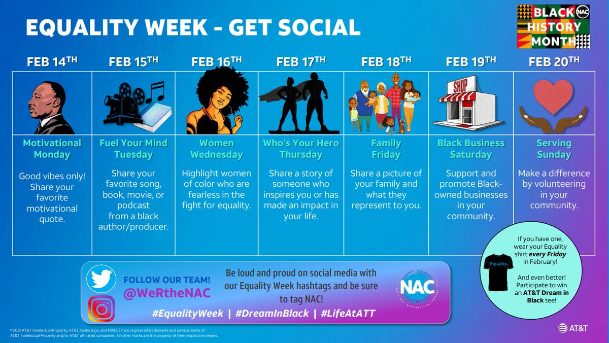 Who’s ready to kick off #NationalAcquisitionCenters Equality Week?  Be Loud and Proud!  We can’t wait to see your favorite quotes, photos, and motivation #BHM2022 #VAC #EqualityWeek  #LifeAtATT #DreamInBlack #VSE