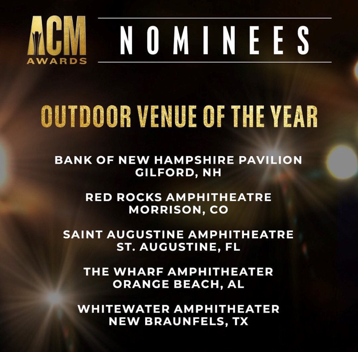 The St. Augustine Amphitheatre (@theampsa) on Twitter photo We're honored to be nominated for "Outdoor Venue of the Year" for the upcoming 57th <a href="/ACMawards/">ACM Awards</a>! Huge thank you to The Academy for recognition amongst these exceptional venues. We look forward to another incredible year of live music! #ACMawards #outdoorvenueoftheyear #theamp We're honored to be nominated for "Outdoor Venue of the Year" for the upcoming 57th <a href="/ACMawards/">ACM Awards</a>! Huge thank you to The Academy for recognition amongst these exceptional venues. We look forward to another incredible year of live music! #ACMawards #outdoorvenueoftheyear #theamp