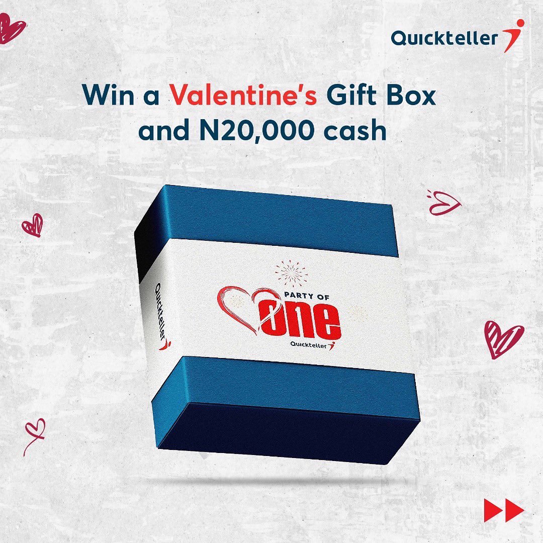 Quickteller's tweet photo. Quickteller is celebrating the singles this year! 
Because we care and we love you, we want to gift you a #QTPartyofOne gift box and N20,000 cash to spoil yourself on Valentine’s Day.

Follow the instructions in the banner to stand a chance to win.

#QTPartyOfOne
#ValentinesDay https://t.co/X5UM0W7KMa