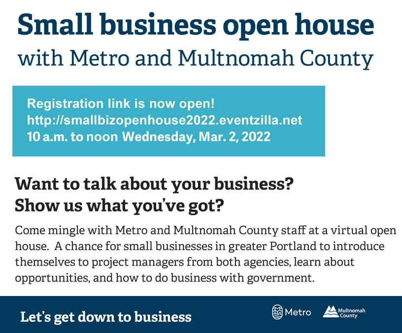 Own a small biz? Want to work w/local govs like <a href="/MultCo/">Multnomah County, OR</a> &amp; <a href="/Metro/">Metro</a>? Both agencies are hosting a 3/2 virtual open house to share what it takes to secure contracts. Register to learn abt project opportunities including the Burnside Bridge, Library Bond &amp; more bit.ly/3ssM0lu