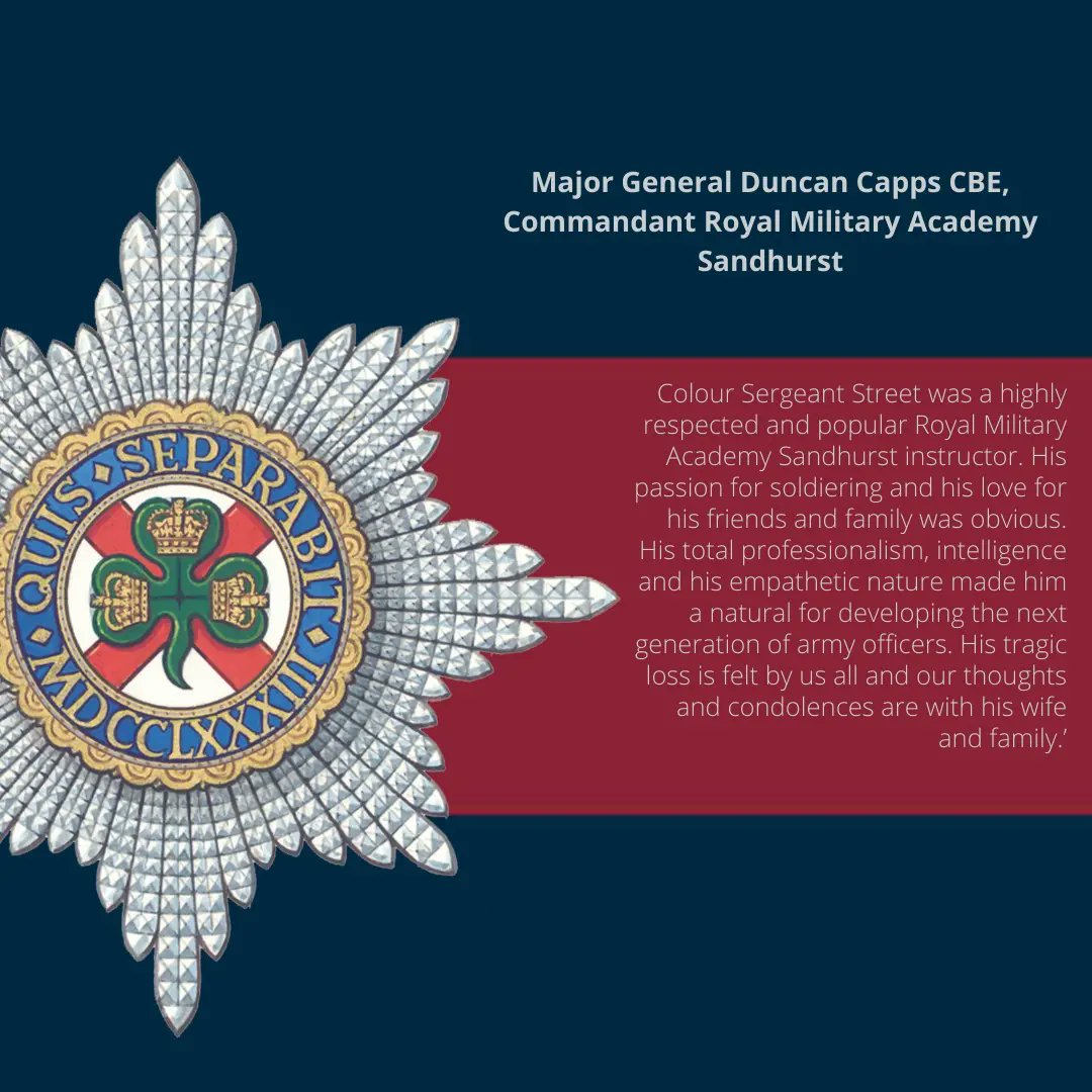 It is with great sadness that the 
1st Battalion Irish Guards must confirm the tragic death of Colour Sergeant Alex Street on Sunday Feb 6, 2022. Our sincerest condolences to his wife and family from all the Irish Guard's.

 Quis Separabit☘️💂