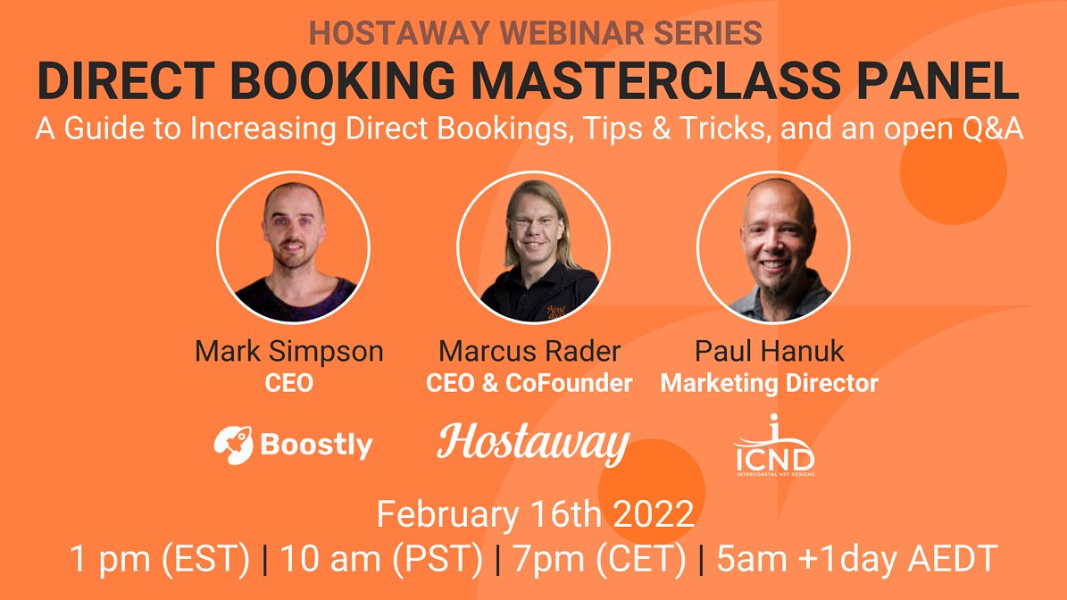 Direct Booking Masterclass Panel: A Guide to Increasing Direct Bookings

Sign Up Here: bit.ly/3rLnXPT

Almost 20% of bookings are done directly with property managers! Are you hitting this benchmark?

Feb 16, 2022 at 1pm EST

#bookdirect #airbnbhost #directbookings