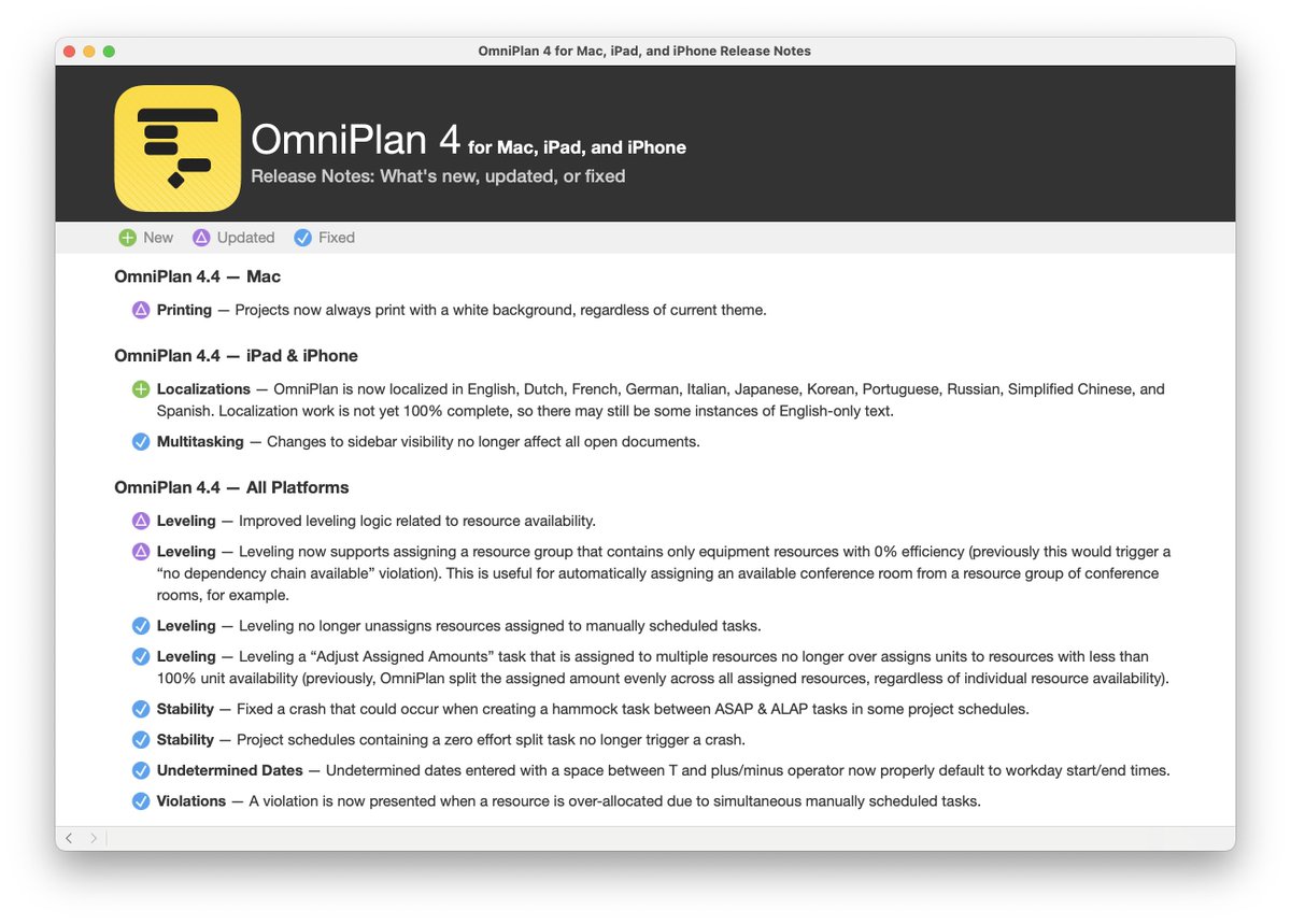 Test builds of OmniPlan 4.4, for Mac, iPad and iPhone are now available! This update includes a range of bug fixes, including improvements to OmniPlan’s leveling and scheduling logic.

omnigroup.com/test/