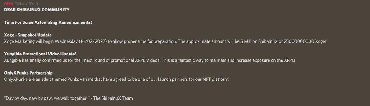 Dear ShibaInuX Community!

Today's Astounding Announcements Include:

Xoge - Snapshot Update

Xungible Promotional Video Update!

OnlyXPunks Partnership

<a href="/ClassyXoge/">Xoge</a> 
@Xungible 
<a href="/onlyxpunks/">Only𝕏Punks | OnlyHederaPunks</a> 

#XRPLedger 
#NFT 
#snapshot 
#Airdrop