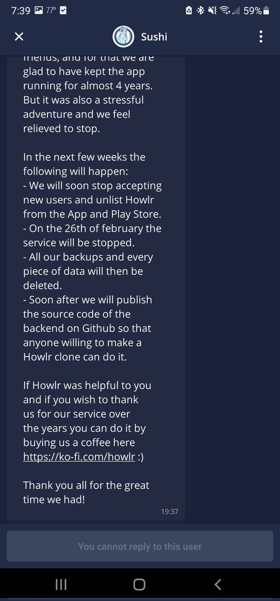 KoloneHusky's tweet photo. I just got notified that #Howlr will be discontinued in a few weeks. O_O
I haven't used the app for a while, but I definitely made some friends there. Sad to see it go, but I understand their decision. https://t.co/1v7W6Bqsgj