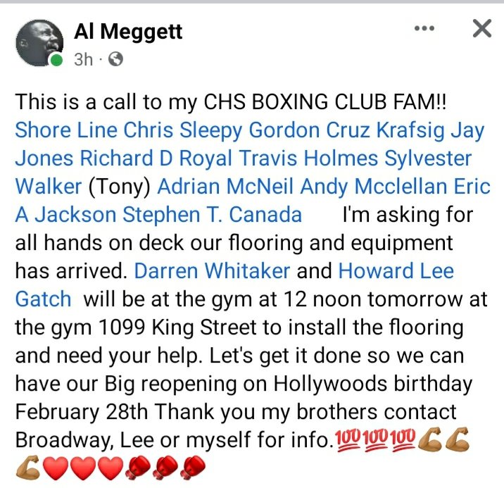 CHSBoxingClub's tweet photo. A call to my @CHSBoxingClub FAM!! ALL HANDS ON DECK! Our flooring &amp; equipment has arrived.
Darren Whitaker &amp; Howard Lee Gatch will be at the gym at 12 noon tomorrow 2/12 1099 King Street and need your help. Big reopening  Hollywood's birthday February 28th 💯💯💯💪🏾💪🏾💪🏾❤️❤️🥊🥊🥊 https://t.co/cyLPQN4RJ0