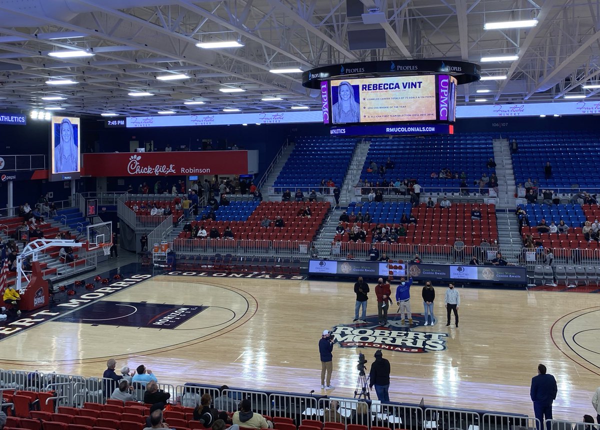 ColonialHF's tweet photo. The @RMUAthletics hall of fame class was just honored during halftime of the RMU Men’s Basketball game! Congrats to hockey alums Rebecca Vint and Cody Wydo! https://t.co/PSuU06tRRD