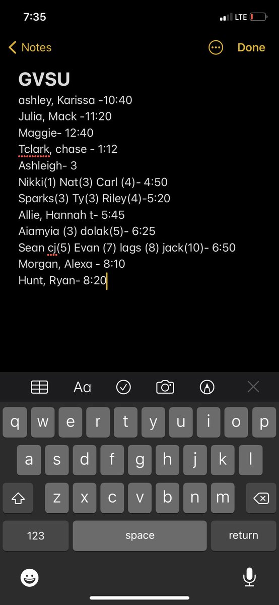 brebakan's tweet photo. What my notes look like when a lot of our athletes/people I know are racing at Big Meet and I want to catch as many on the live stream as I can https://t.co/hoYFrHGnbV