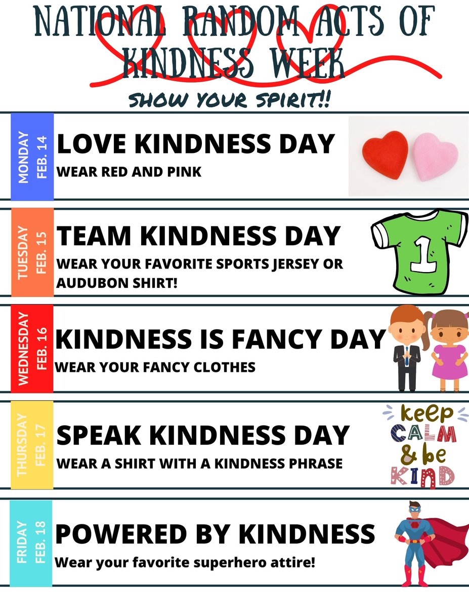 Audubon_D11's tweet photo. The week of February 14 is National Random Acts of Kindness Week.  We are celebrating with class activities each day and by having a spirit week (see photo for details).  We hope our Audubon community can join in on spreading Kindness next week. @CSSD11 https://t.co/ZkWgDmYRx1