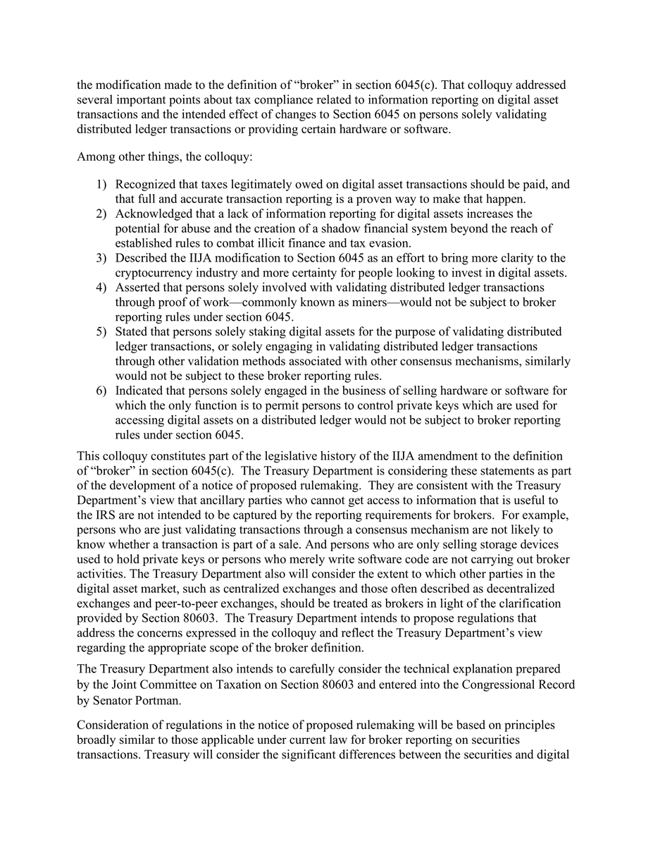 robportmanOH's tweet photo. Appreciate the Treasury Department affirming that crypto miners, stakers and those who sell hardware and software for wallets are not subject to tax reporting obligations. 

As I have said from the start, this requirement only applies to brokers. https://t.co/k5l6kDs4iA