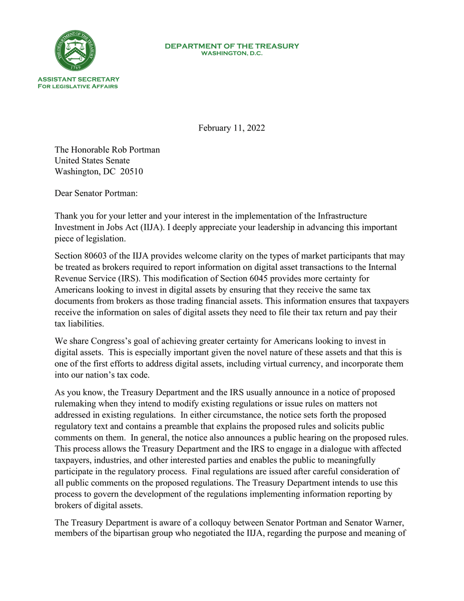 robportmanOH's tweet photo. Appreciate the Treasury Department affirming that crypto miners, stakers and those who sell hardware and software for wallets are not subject to tax reporting obligations. 

As I have said from the start, this requirement only applies to brokers. https://t.co/k5l6kDs4iA