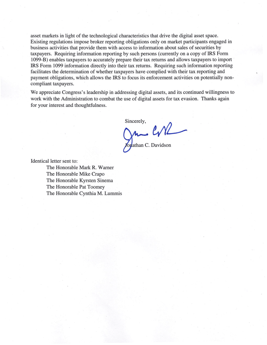 robportmanOH's tweet photo. Appreciate the Treasury Department affirming that crypto miners, stakers and those who sell hardware and software for wallets are not subject to tax reporting obligations. 

As I have said from the start, this requirement only applies to brokers. https://t.co/k5l6kDs4iA