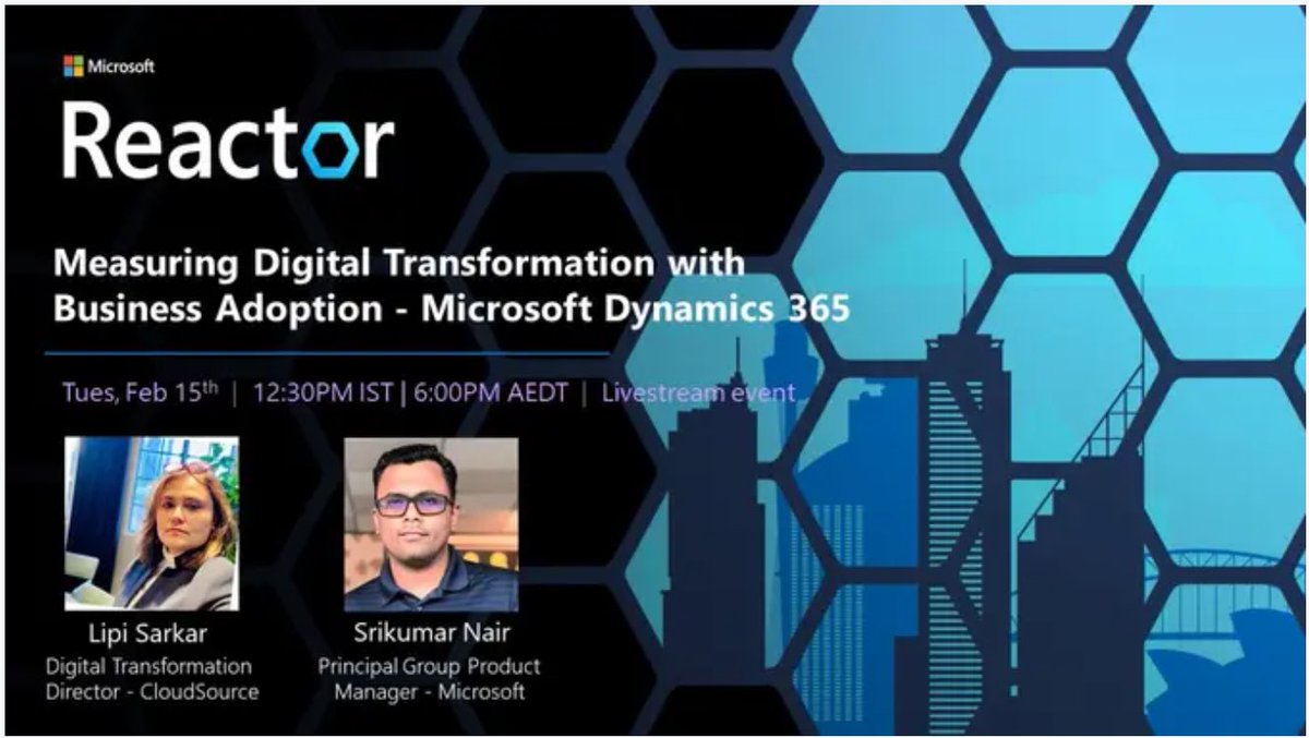 Catch <a href="/lipi_sarkar/">Lipi Sarkar</a> and @kumar_211079 who would be giving their insight on "Measuring Digital Transformation with Business Adoption - <a href="/MSFTDynamics365/">Dynamics 365</a>

Block your date for Feb 15th.
#MSDyn365 #D365FO #MSDyn365FO #msdyn365ce #D365 #msdyncrm #microsoft  #Dynamics365 #MSFTAdvocate