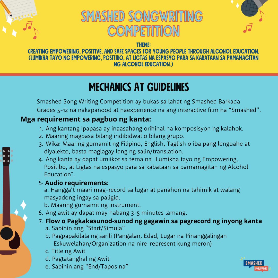 SmashedPH's tweet photo. Tara at lumikha ng awit na talagang Smashing! Narito ang mechanics at guidelines para sa Smashed Songwriting Competition.

Bisitahin din ang https://t.co/98c8NepEQ3 para umpisahan ang iyong Smashed experience!

#SmashedPH #IAmSmashing https://t.co/eo9pSK5acc