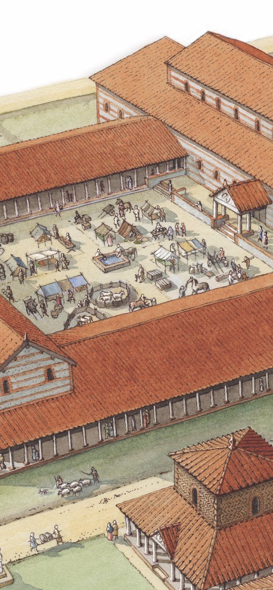 My watercolour reconstruction of a market being held at the forum, and one of the two temples in the centre of the walled town of Venta Icenorum, ‘the market place of the Iceni’ #Caistor #Roman town in #Norfolk c200AD excavated in 1929-30 #RomanSiteSaturday #Archaeology