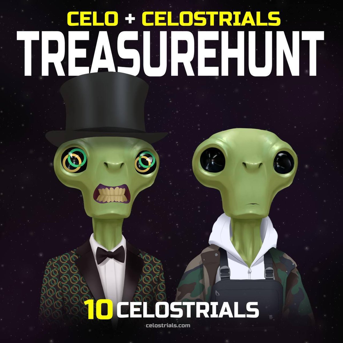 Celo's tweet photo. Celostrials is launching a Celo treasure hunt! You can get your hands on 1/10 unique hand-drawn #NFTs 👽 

To participate:
1. Follow @Celostrials + @CeloOrg
2. Like + Retweet
3. Follow the instructions in the celostrials-prize-poll channel on Discord.

👉 https://t.co/uNAUb0IJHp https://t.co/TGwSiMaI2E