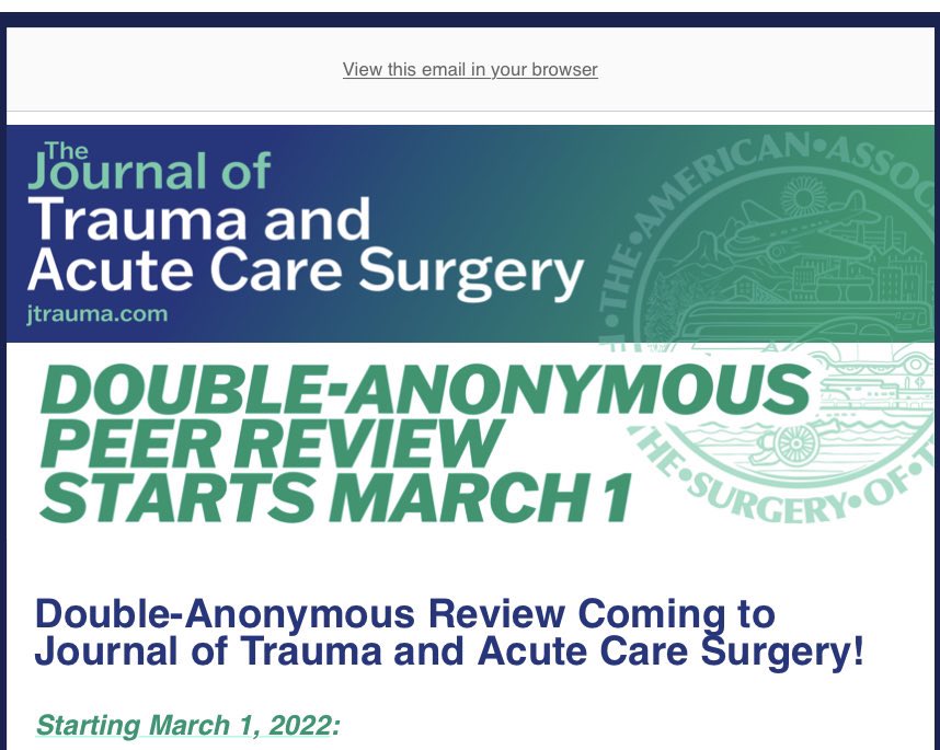 RaulCoimbraMD's tweet photo. We are delighted to launch an important and awaited positive change @JTraumAcuteSurg with full support of our editorial board. Leading surgical science to decrease bias in scientific publishing. @traumadoctors https://t.co/xWKR2RmJOO