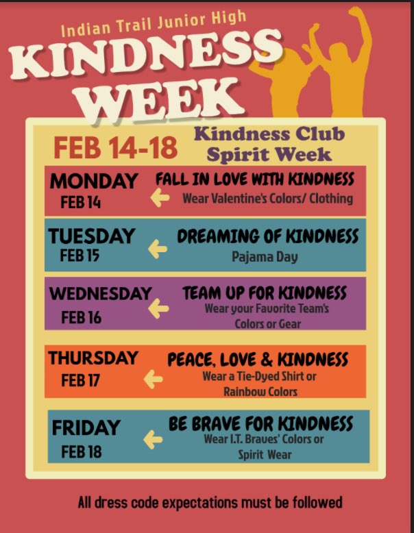 Kindness week is next week! February 14th-18th. Check out the Kindness Club Spirit Week and Daily Kindness Challenges! #ASD4All #BeBRAVE #kindnessweek #bekind
