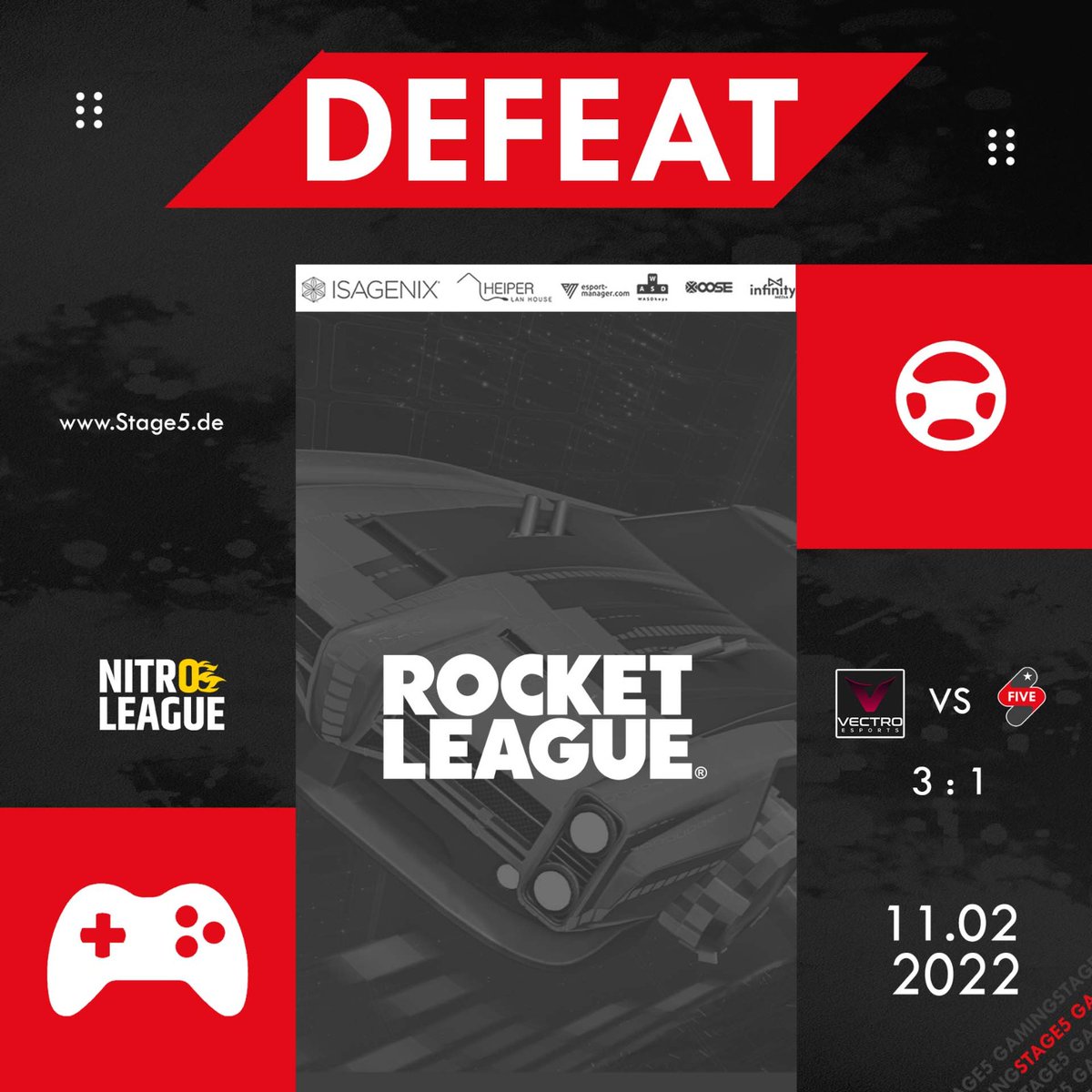 Stage5Gaming's tweet photo. Aufstieg verschoben😏
Durch die 1:3 Niederlage 🆚 @VectroEsports heißt es für uns nun Relegation zur 2nd Div der @NitroLeagueRL
Wir sagen GGWP und Glückwunsch zum Aufstieg an #Vectro und Danke an @FARAMPO und @GoodGameSid für ein geilen Cast des Abends 👍🏽
We strike back🔥🔥 https://t.co/1uvbXjwXPm