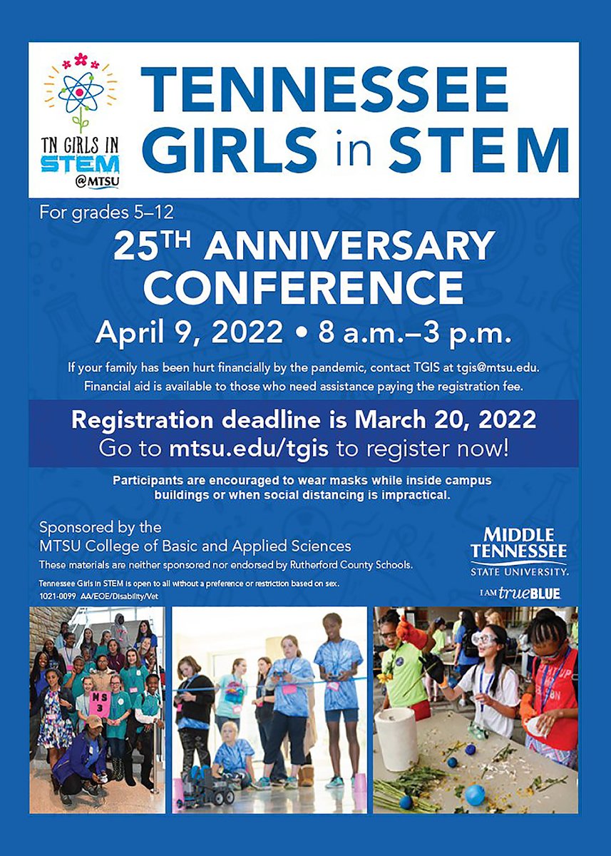 MTSUNews's tweet photo. Calling all #Tennessee girls in #STEM on this @WomenScienceDay! Register TODAY for the 25th annual #TGIS conference at #MTSU Sat, 4/9! Visit https://t.co/UIloqCH0yx to register BEFORE 3/20! #WomenInScienceDay #TennesseeGirlsInScience @MTSUChemist @CbasMtsu π‘π¦ ππ https://t.co/pY7CL5RYYV