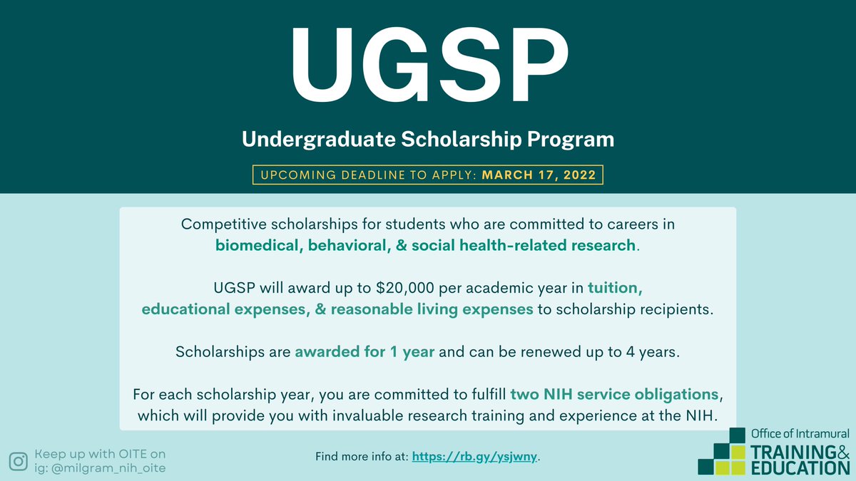 SharonMilgram's tweet photo. The #application deadline for @NIH_OITE's Undergraduate Scholarship Program is March 17, 2022.

Learn more about #UGSP at #NIH here: https://t.co/yptBBq9wJ4

#Undergraduate #Research #Scholarship #Deadline #AcademicTwitter #OITE #NIHOITE https://t.co/1fqYVWMtgG