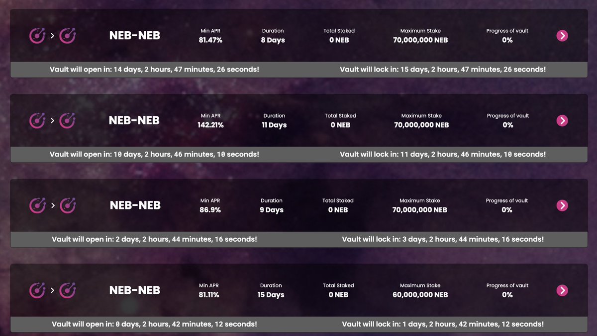 Nebula has just launched 4 new vaults. For better transparency, we will now release vaults in batches so users can plan ahead to maximise returns. Testing of user-created vaults and liquidity locking apps are in final stages and will be released soon.