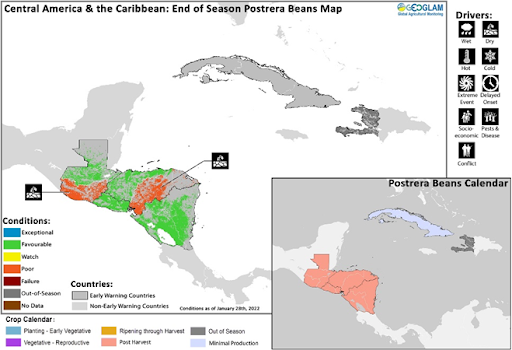 GEOCropMonitor's tweet photo. In #CentralAmerica, early season rainfall deficits resulted in poor #Postrera season yields in south and central #Guatemala and southern #Honduras. However, above-average rainfall is likely to benefit land preparation for the 2022 #Primera season. #CM4EW https://t.co/8NjLa4b76x https://t.co/NyMs38EBYJ