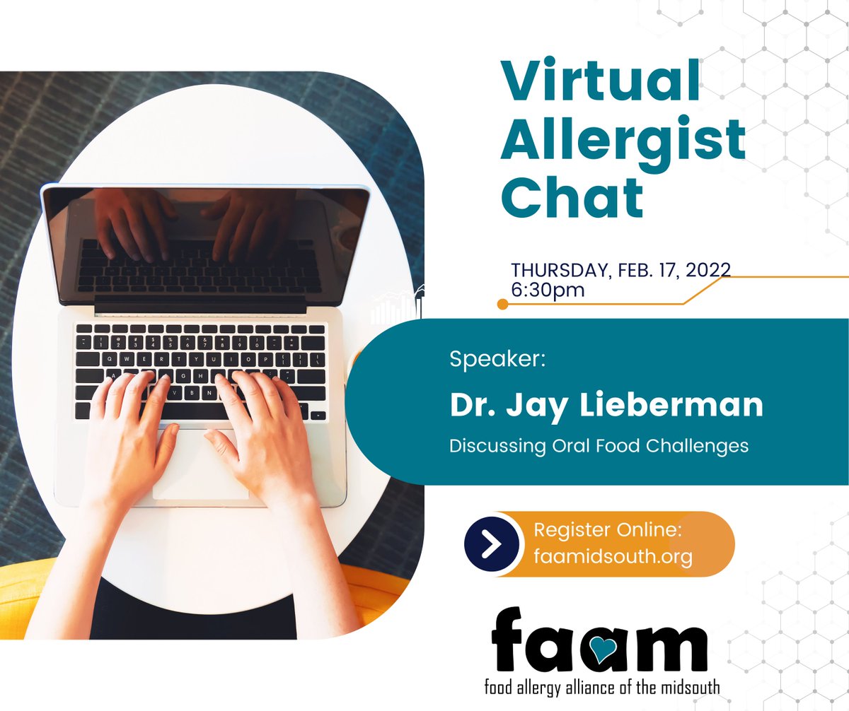 faamidsouth's tweet photo. Learn about oral food challenges for #foodallergy w/ Dr. Jay Lieberman on Thurs., Feb. 17 at 6:30pm. Dr. Lieberman practices at @LeBonheurChild in their East &amp; Downtown Memphis locations and also serves as FAAM's medical advisor. 

▶ Register now: https://t.co/P08hDalWUN https://t.co/1jSY4RREDI