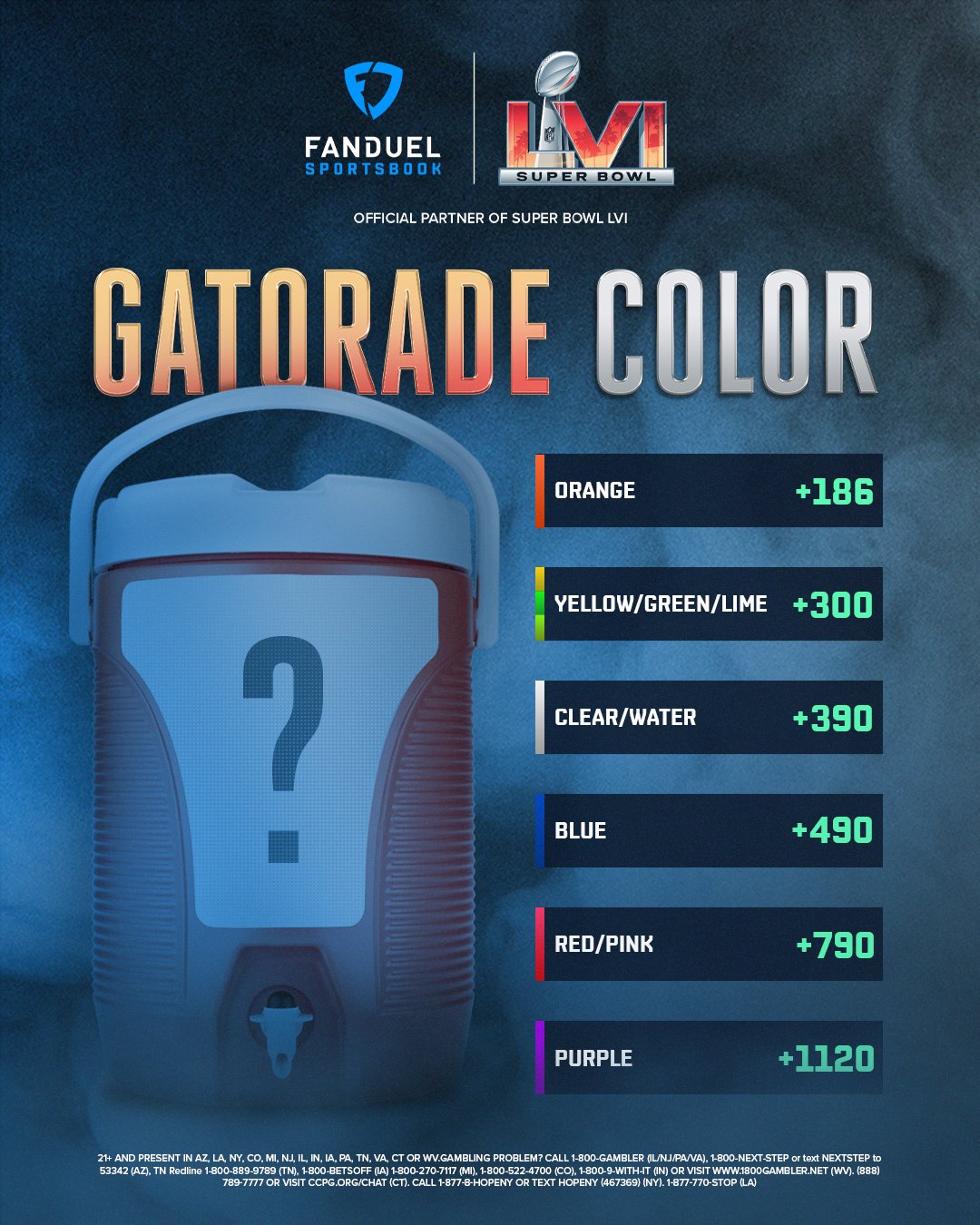 FanDuel Sportsbook on Twitter: 'We've all got our favorite flavor of @ Gatorade  But which color should we expect at the end of Super Bowl LVI?  