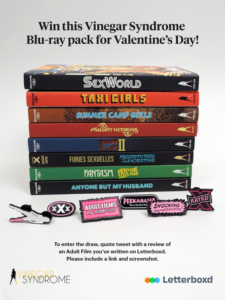 letterboxd's tweet photo. To celebrate Valentine’s Day weekend, our pals at @Vinegarsyndrome is giving Letterboxd members the chance to win this stash of Adult titles! Just QT with a review of an Adult film you’ve written.

Don’t miss their V-Day sale — on now until Mon, 11:59pm: https://t.co/3uzQFsCikX https://t.co/hju8kIYUIC