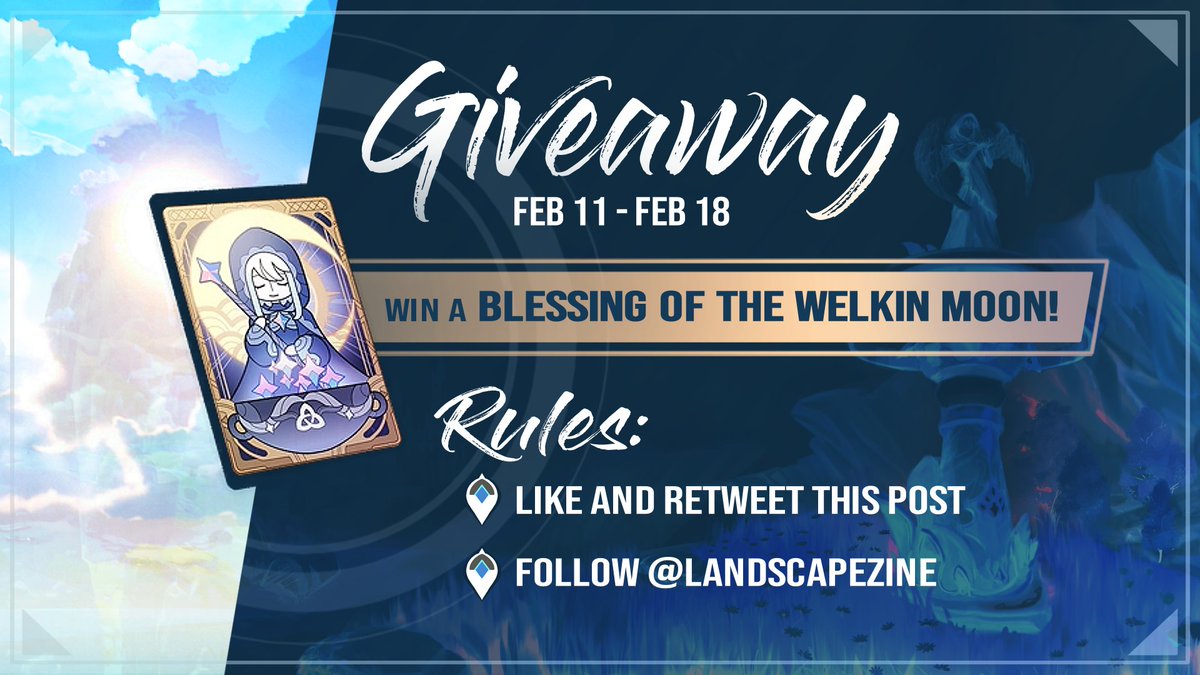 landscapezine's tweet photo. 💫WELKIN MOON GIVEAWAY💫

To celebrate 100 followers &amp; 1 week until our final release, we're holding a giveaway for 1 Blessing of the Welkin Moon!

To enter:
✦ Like &amp; RT this post
✦ Follow us @landscapezine

This giveaway will end on February 18, 2022 at 11:59 Pacific Time. https://t.co/mrdvDs1KIj