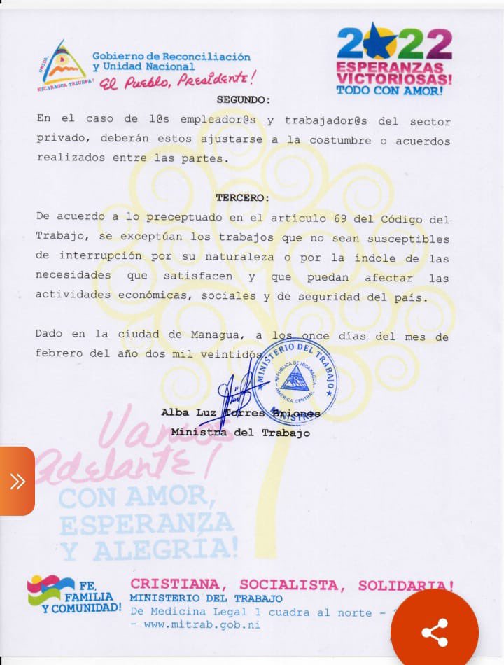 CDNN23Nicaragua's tweet photo. #Nicaragua La Vicepresidenta Rosario Murillo anunció en su alocución de medio día, que los trabajadores tendrán día de asueto el 14 de febrero Día del Amor y la Amistad. Aquí el comunicado del #Mitrab. Las empresas privadas es de acuerdo a la naturaleza de su trabajo. #Reporto https://t.co/moa2wnORwp