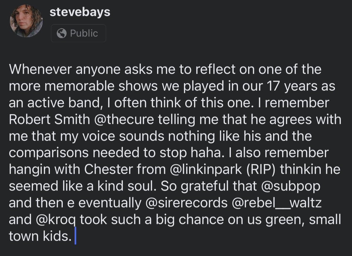 So grateful that <a href="/subpop/">Sub Pop Records</a> and then eventually <a href="/sirerecords/">Sire Records</a> @rebel__waltz and <a href="/kroq/">The World Famous KROQ</a> took such a big chance on us green, small town kids.