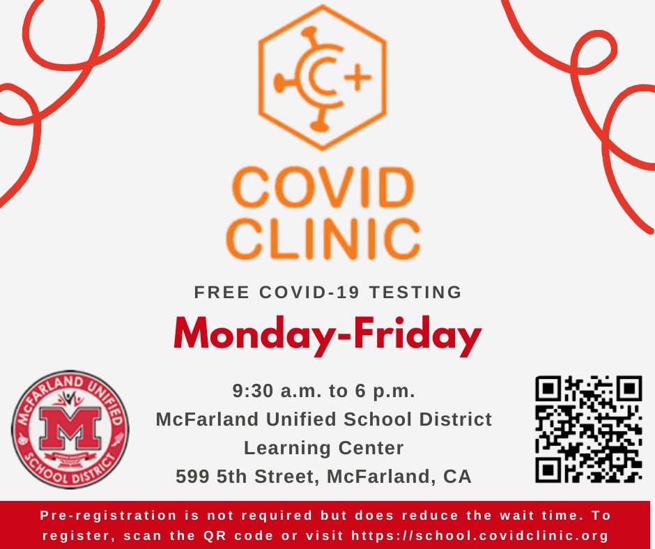 Covid Clinic will be operating on Monday, February 14, 2002 President's Day Holiday located on 599 5th Street, McFarland Learning Center.