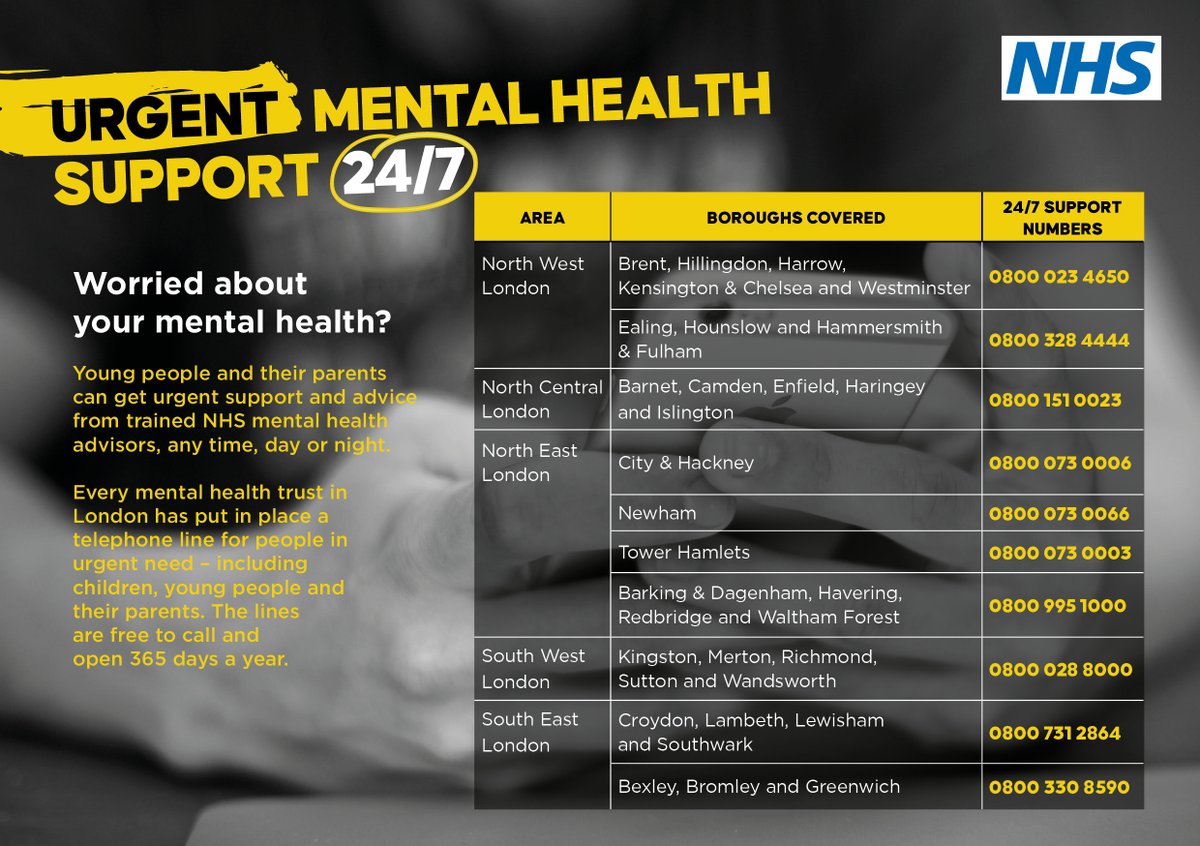 Every London borough has a mental health helpline that is open 24 hours a day, seven days a week to provide urgent advice and support. 

You can find details of all the local helplines in London below or online: good-thinking.uk/how-get-urgent…