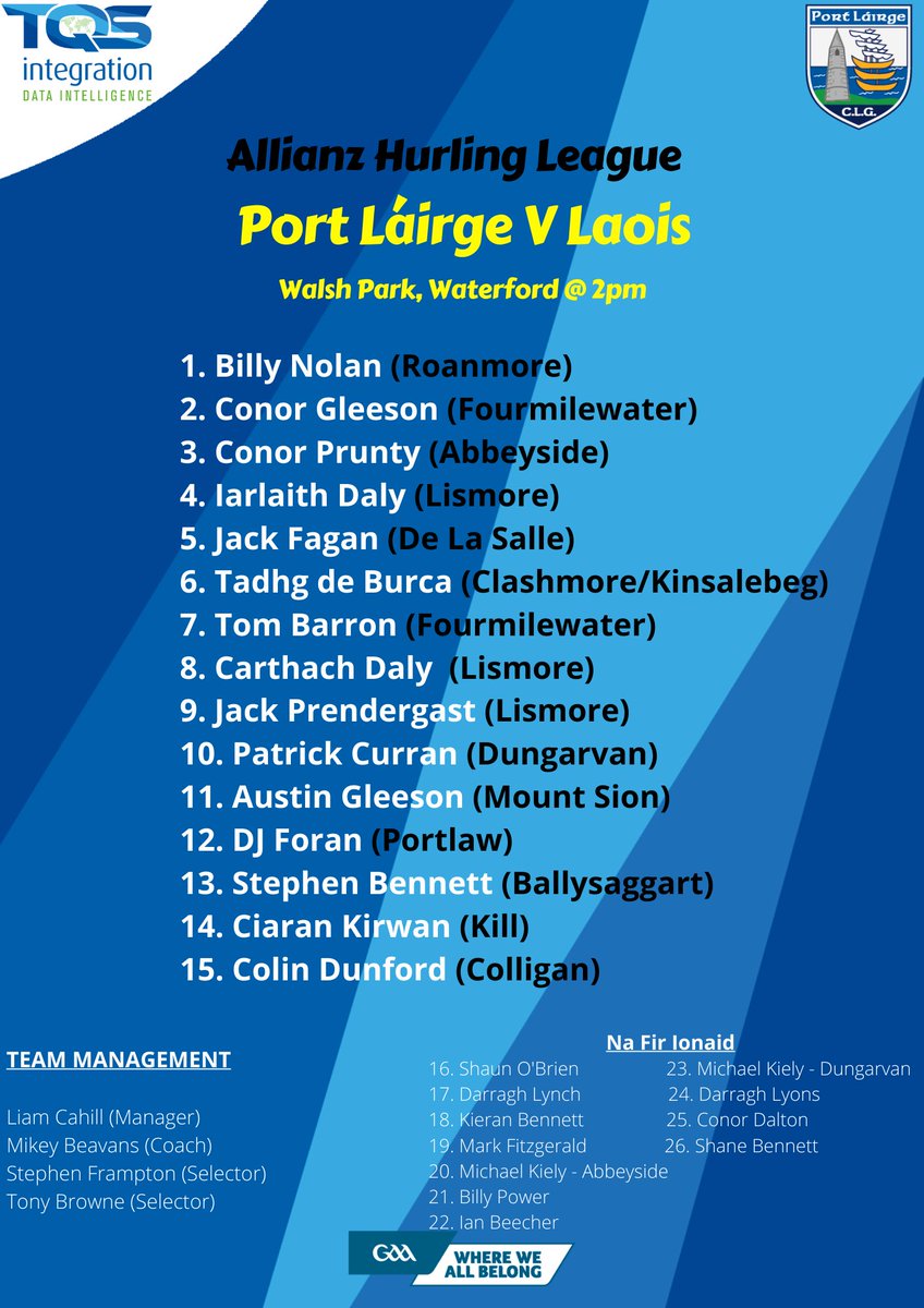 Waterford Senior Hurling Team to play Laois this Sunday 13th February in the Allianz National Hurling League has been named⬇️

Best of luck to Liam Cahill, his management team and all of the panel! 

#deiseabú #WaterfordGAA ⚪🔵