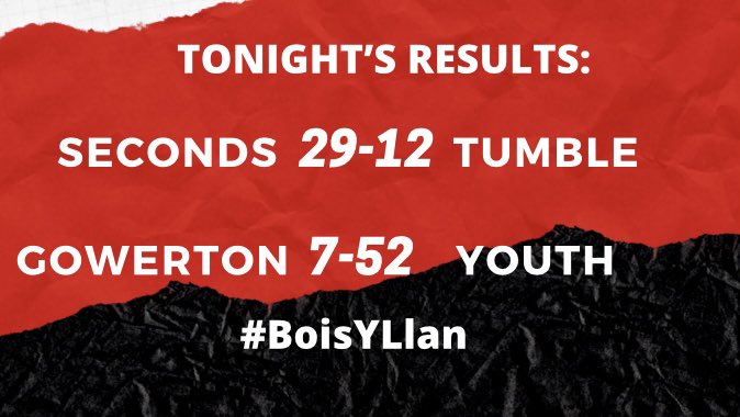 🏉TONIGHT’S RESULTS🏉

Wins for both our Seconds &amp; Youth this evening!

Big thank you to <a href="/TumbleRFC/">Clwb Rygbi Y Tymbl</a> &amp; <a href="/gowertonrfc/">Gowerton RFC</a> Good luck for the rest of the season 👍🏻

#BoisYLlan <a href="/AllWalesSport/">All Wales Sport</a> 
⚫️🔴⚪️