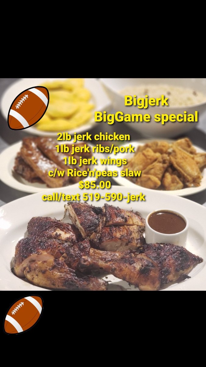 bigjerk_menu's tweet photo. This order will be packed ready to reheat for the BIGGAMESuperBowl 
You can sub the pork items for wings or 
jerk chicken 
Pick on Saturday Feb12 from 2pm-6pm
Delivery available 
Call or text your order to 519-590-jerk (5375) https://t.co/gncc9pPMOI