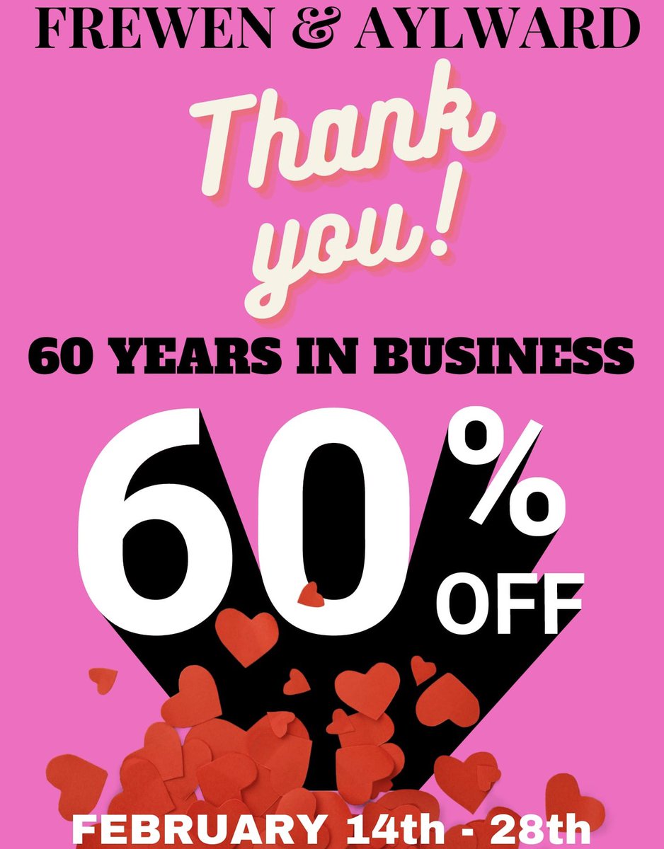 NEWSFLASH:We are celebrating 60 years in business!To help us celebrate we are giving 60% off all clothing on our ground floor to our followers. From the 14th to 28th Feb.  We have some gorgeous clothes for you to choose from. Don’t miss out!!