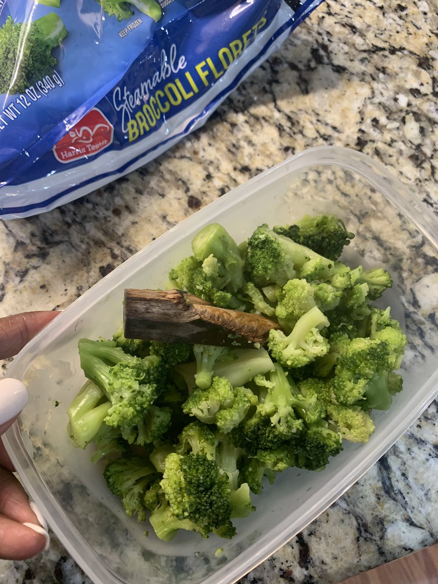 IAm_DClark's tweet photo. @HarrisTeeter please explain!! I cook a broccoli steam-able for my family and find WOOD inside after opening. This is insane and unacceptable! @USDAFoodSafety 
#HarrisTeeter https://t.co/xirwoTFn1y